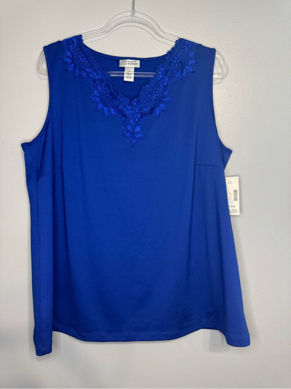 NEW Maggie Barnes Catherines 1X Royal Blue Sleeveless Top V-Neck Lace Trim